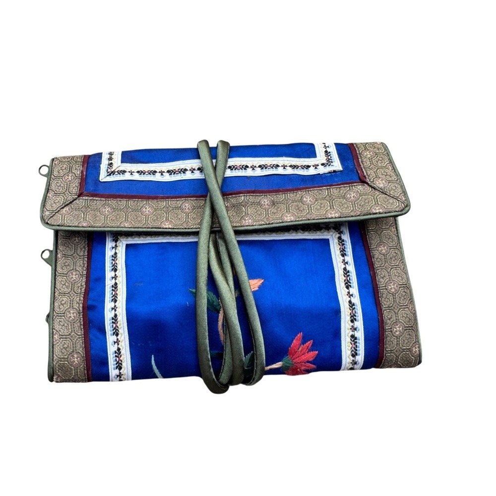 Vintage Embroidered Silk Jewelry Roll Travel Organizer Royal Blue Floral Pouch